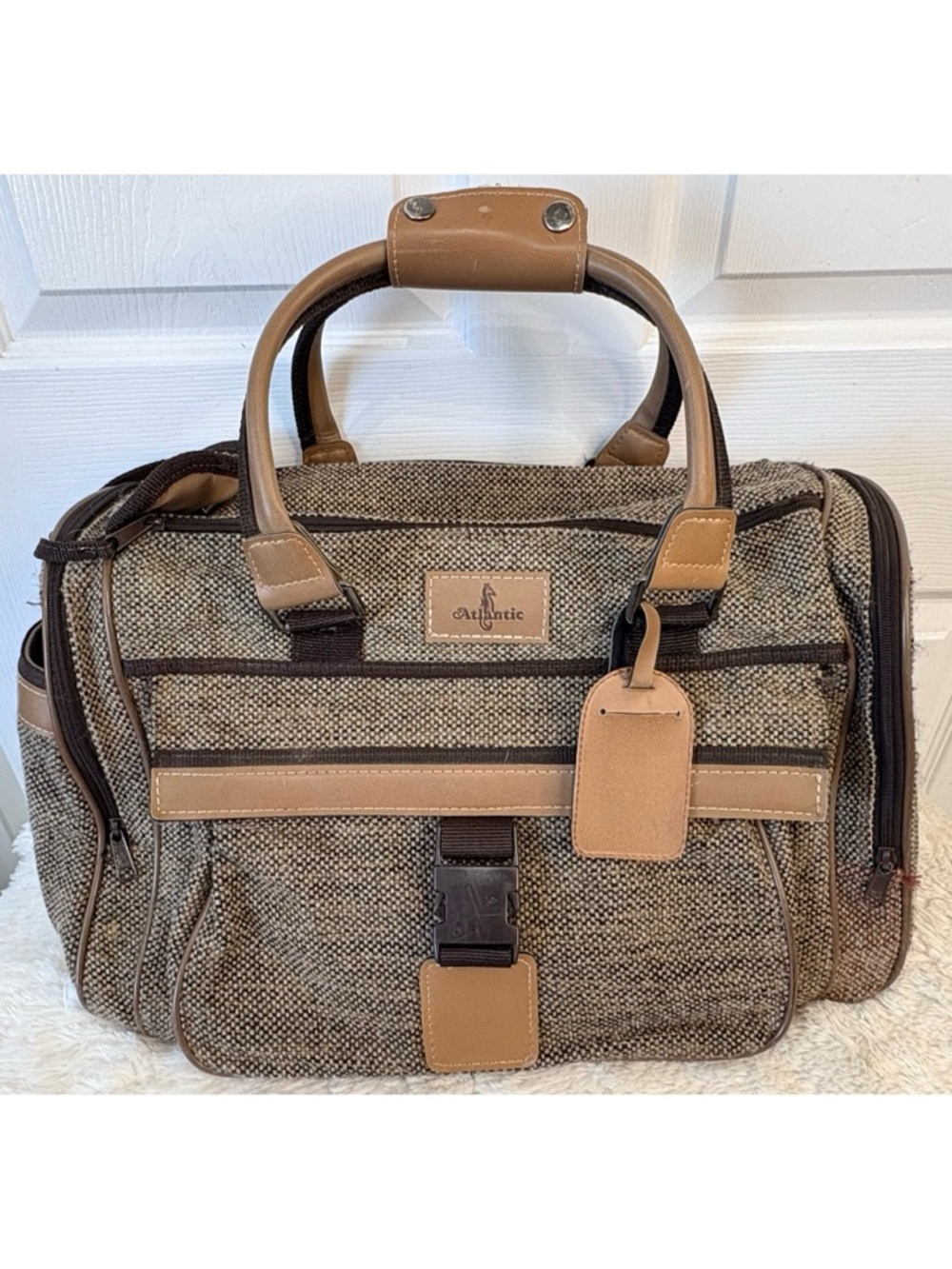 Vintage 70s Atlantic USA Wool Tweed Carry-On Duffle Bag Travel Weekender Luggage